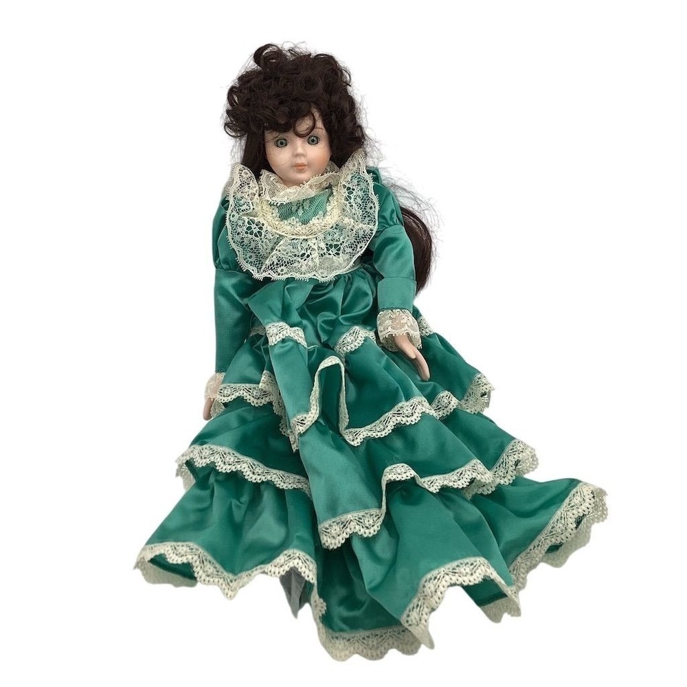 Chadwick Miller 14" Porcelain Doll‎ Green Dress Dark Brown Curly Hair